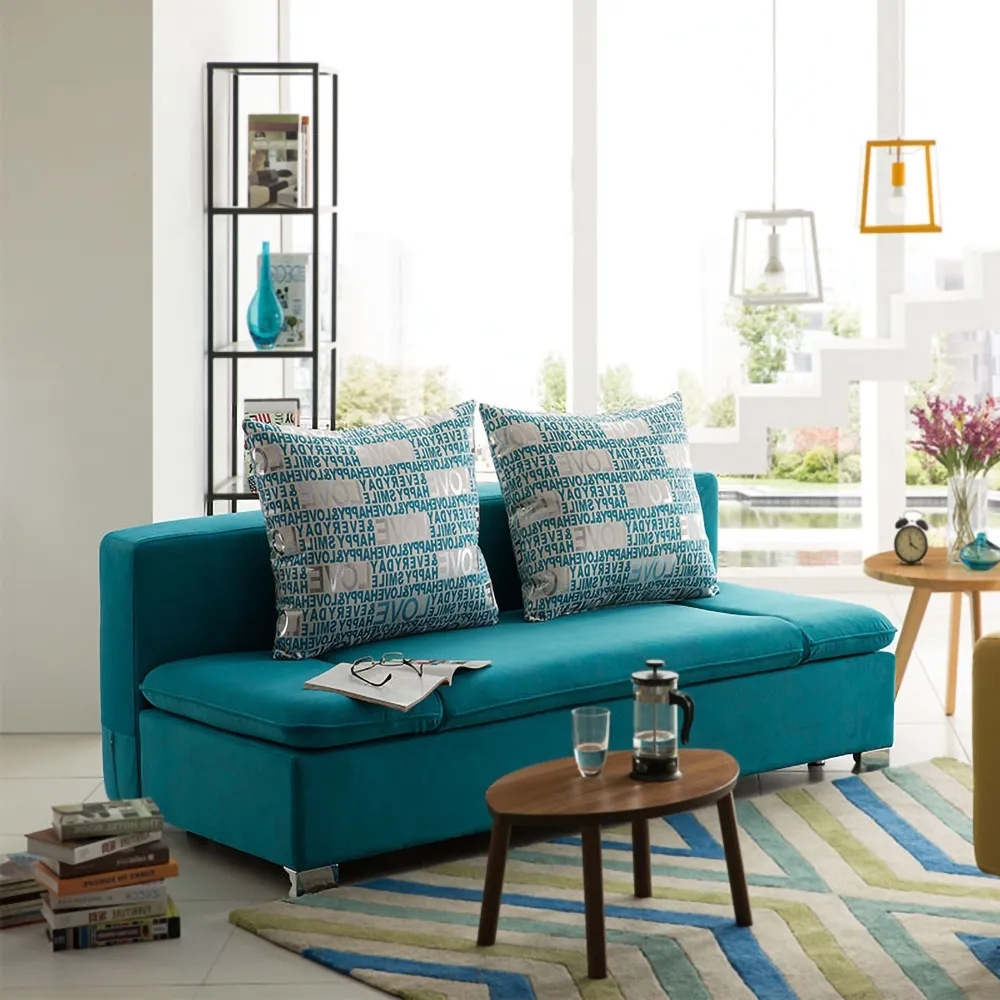 Full Sleeper Sofa Sky Blue Upholstered Convertible Sofa with Storage 3 Function window image