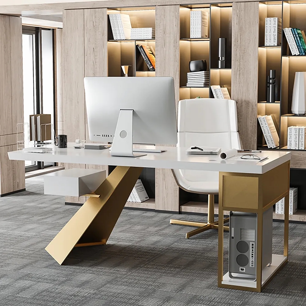 Cabstract 55" White Computer Desk Modern Writing Desk with 2 Drawers & Storage in Gold window image