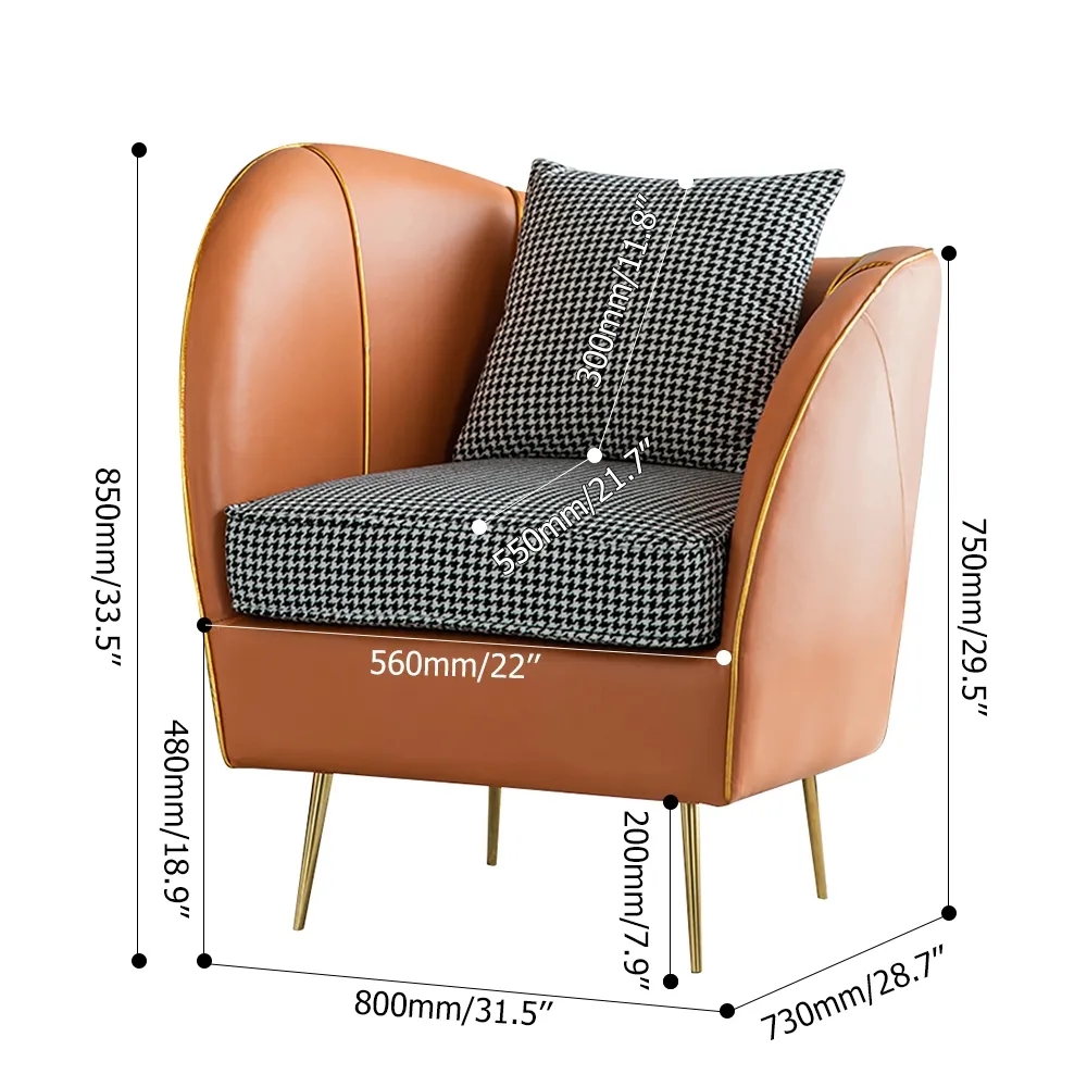 Orange Modern Houndstooth Upholstered Linen & Leather Accent Chair in Gold window image