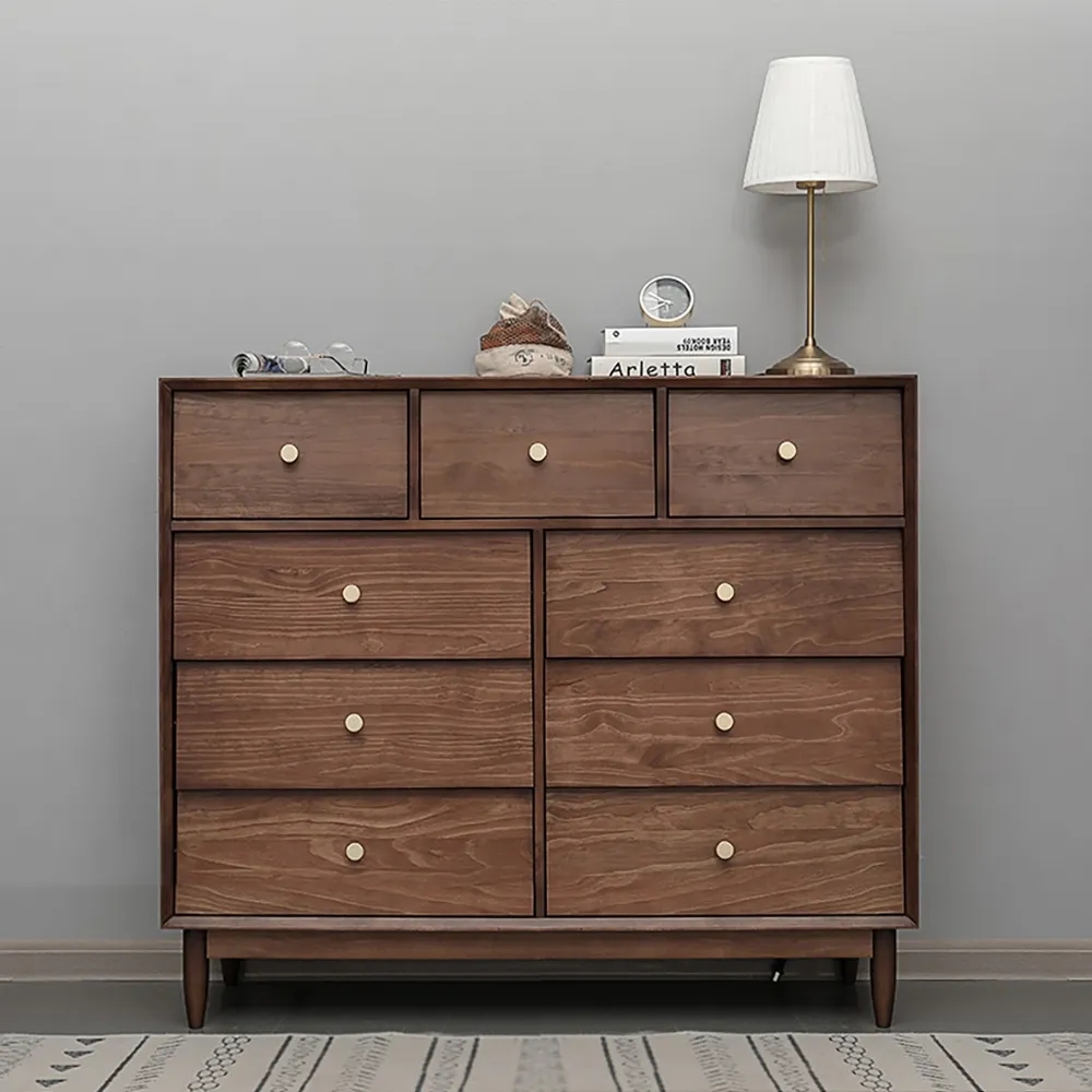 Nordic Walnut Dresser Cant 9-Drawer Cabinet Gold Pulls window image