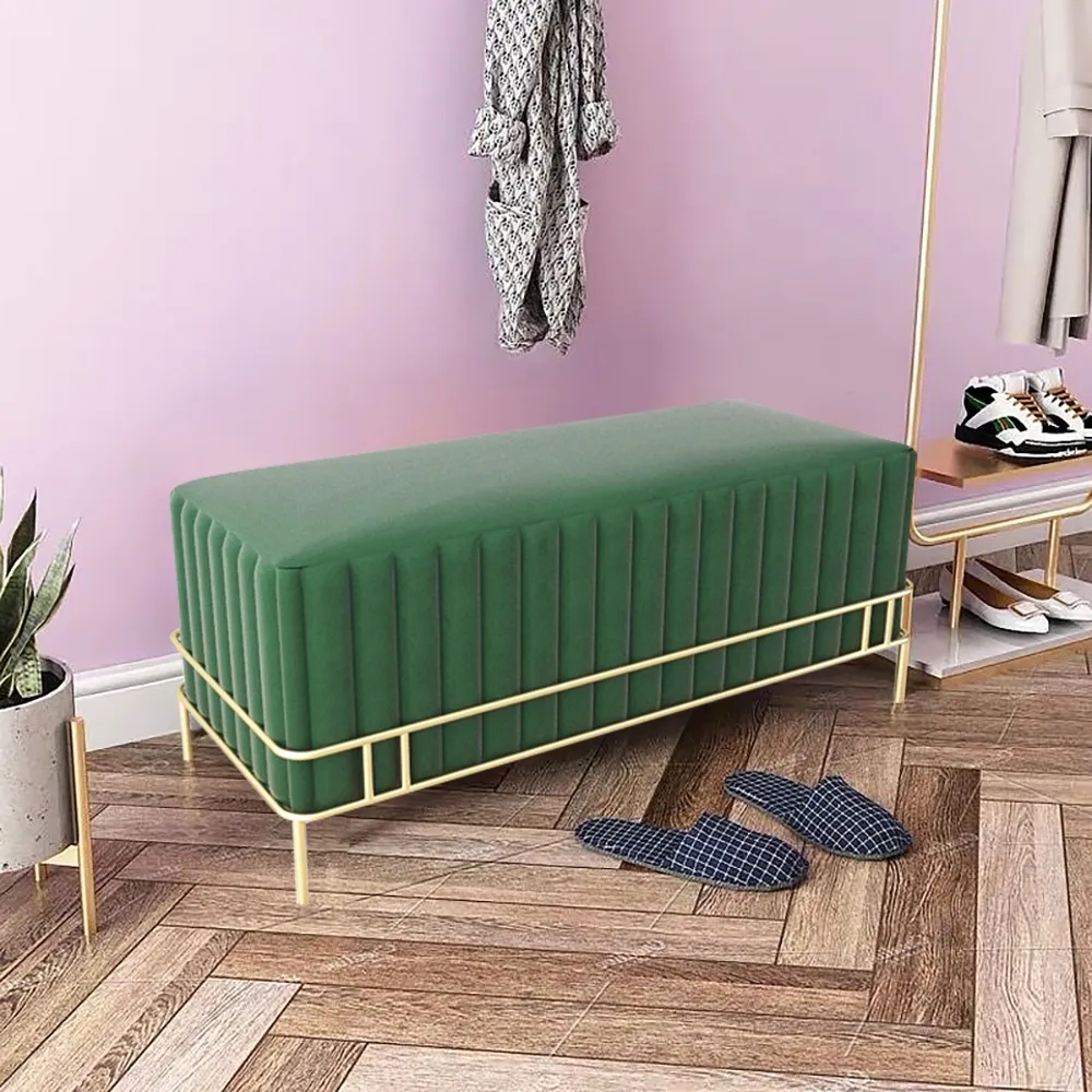 Modern Bench Velvet Upholstered Bench Ottoman Entryway Bench in Gold Legs window image