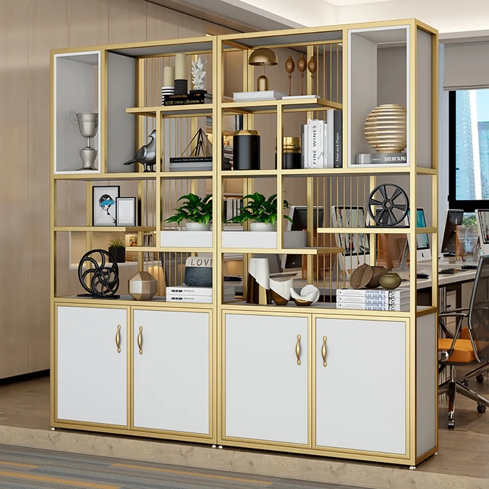 2000mm Contemporary White & Gold Standard Bookshelf with Doors window image