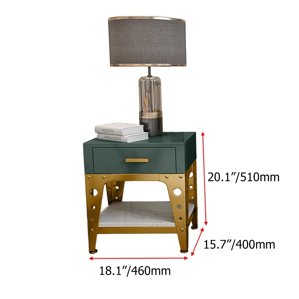 Modern Green Nightstand Faux Marble Bedside Table with Drawer & Shelf in Gold window image