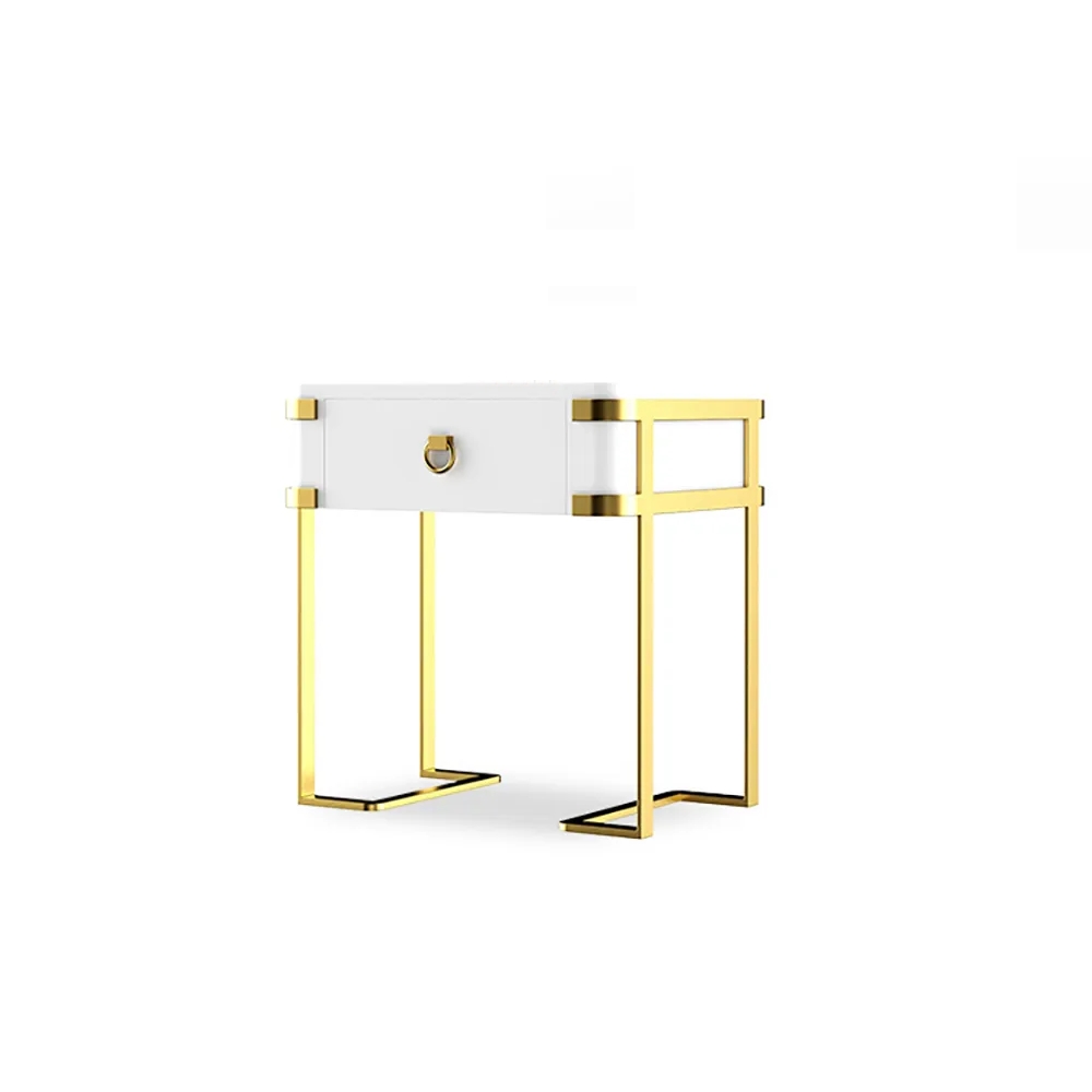 White Nightstand Lacquered Bedroom Table 1 Drawer Stainless Steel window image