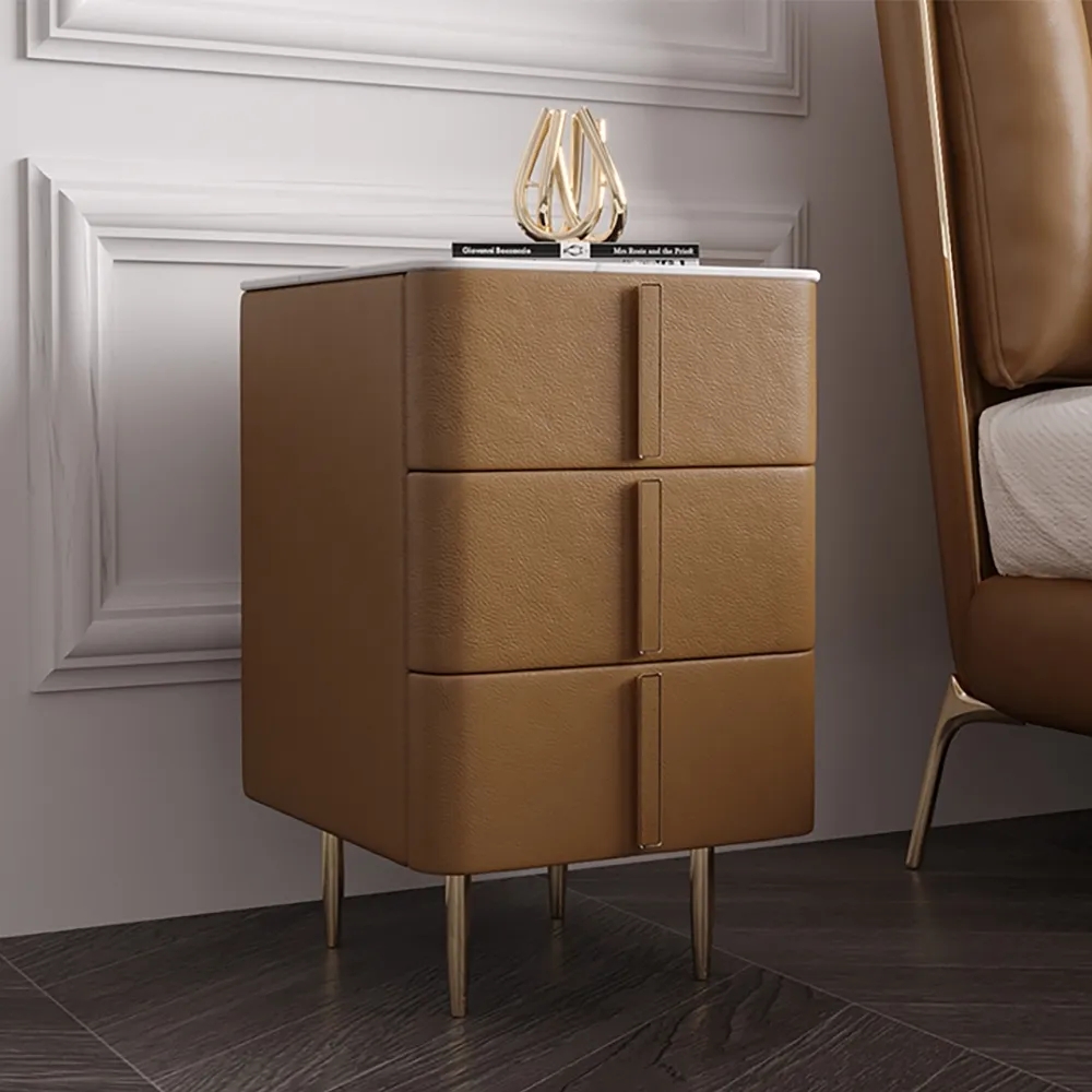 Modern Off Orange Nightstand with Induction Light 3-Drawer Pine Wood Bedside Table window image