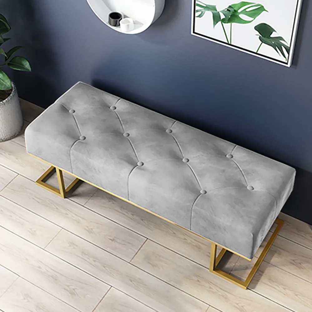 Gray Tufted Bench Upholstered Velvet Bench Modern Bench window image