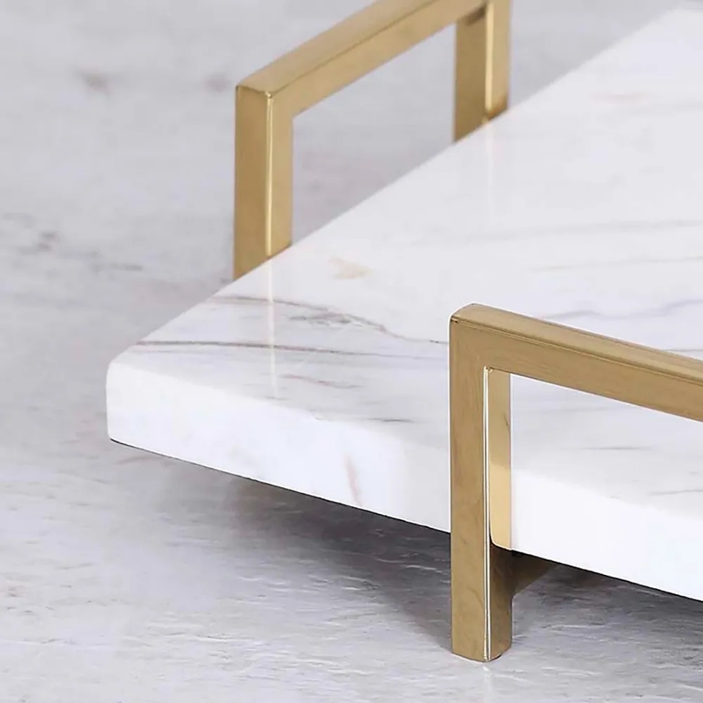 Modern Marble Desk Organizer Decor Tray with Handles White window image