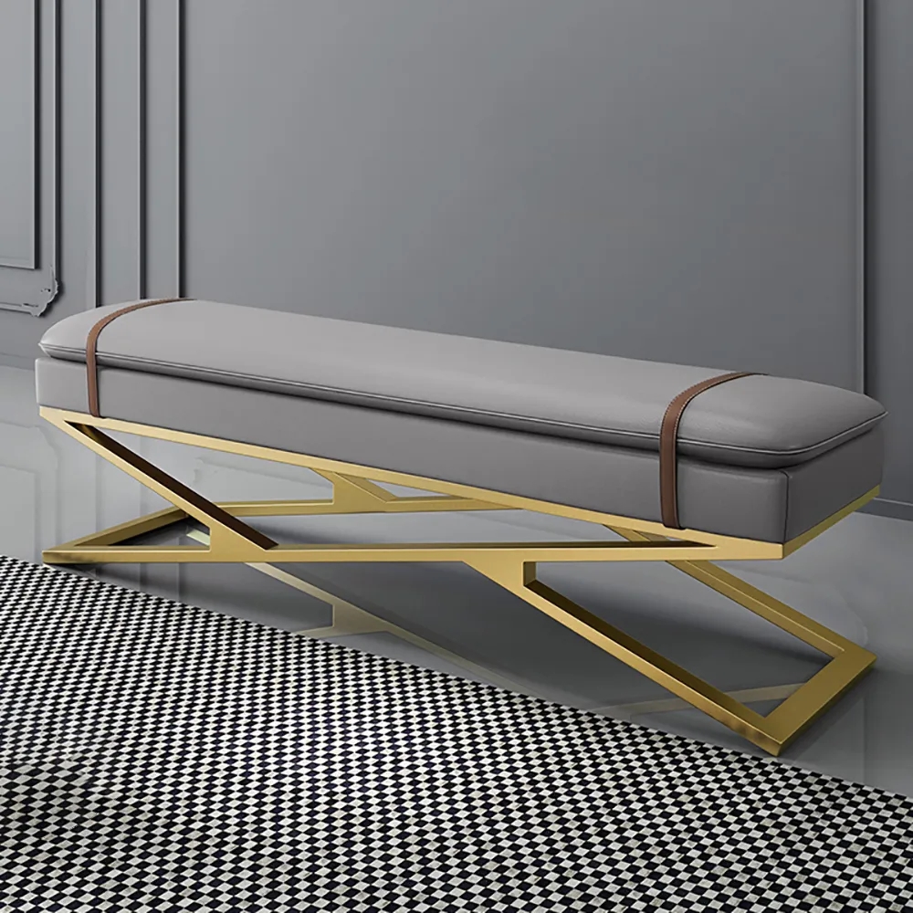 Modern Bedroom Bench Leather Upholstered Ottoman with Gold Metal Frame window image