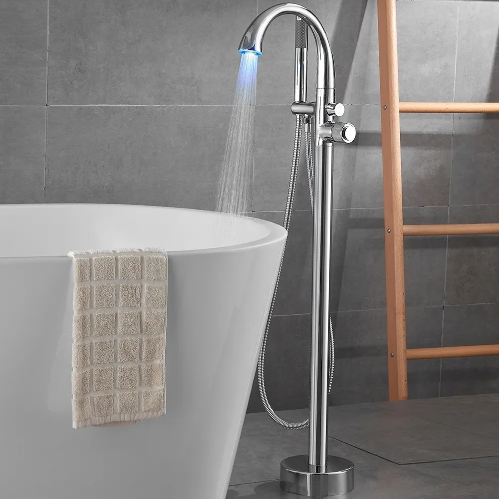 LED Freestanding Bath Tap with Handheld Shower High-Arc Filler Spout Solid Brass window image