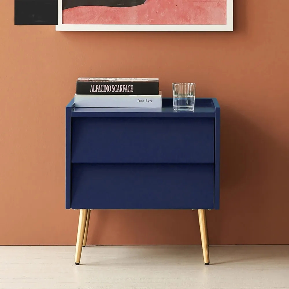 Modern Blue Nightstand Minimalist Cant Bedside Table with 2 Drawers window image