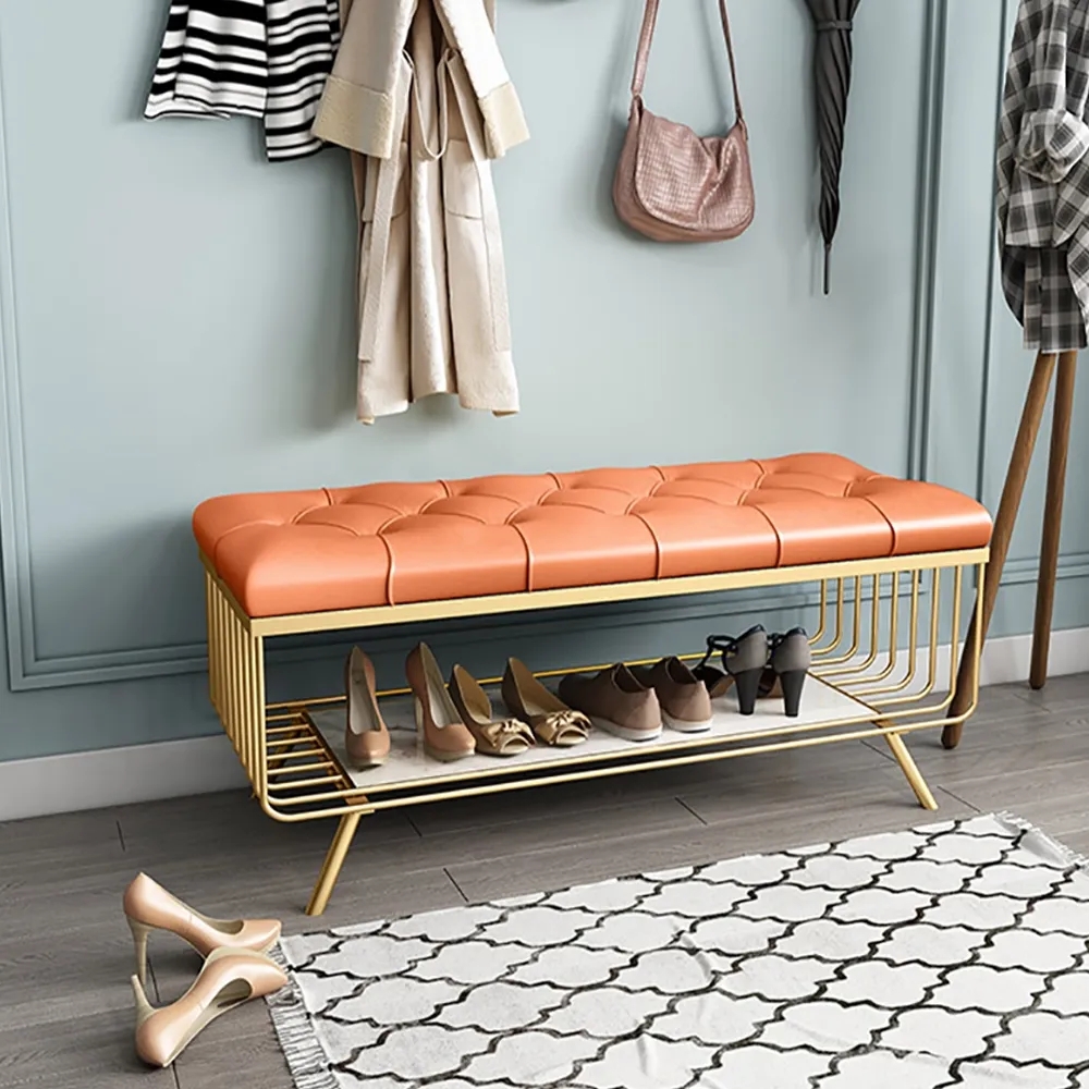 Orange Luxury Shoe Bench Leather Upholstered Footstool for Bedroom window image