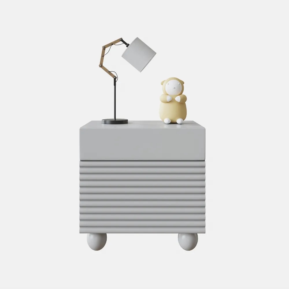 Table de chevet carrée grise avec 2 tiroirs pour chambre d'adolescent Détails nervurés image de fenêtre