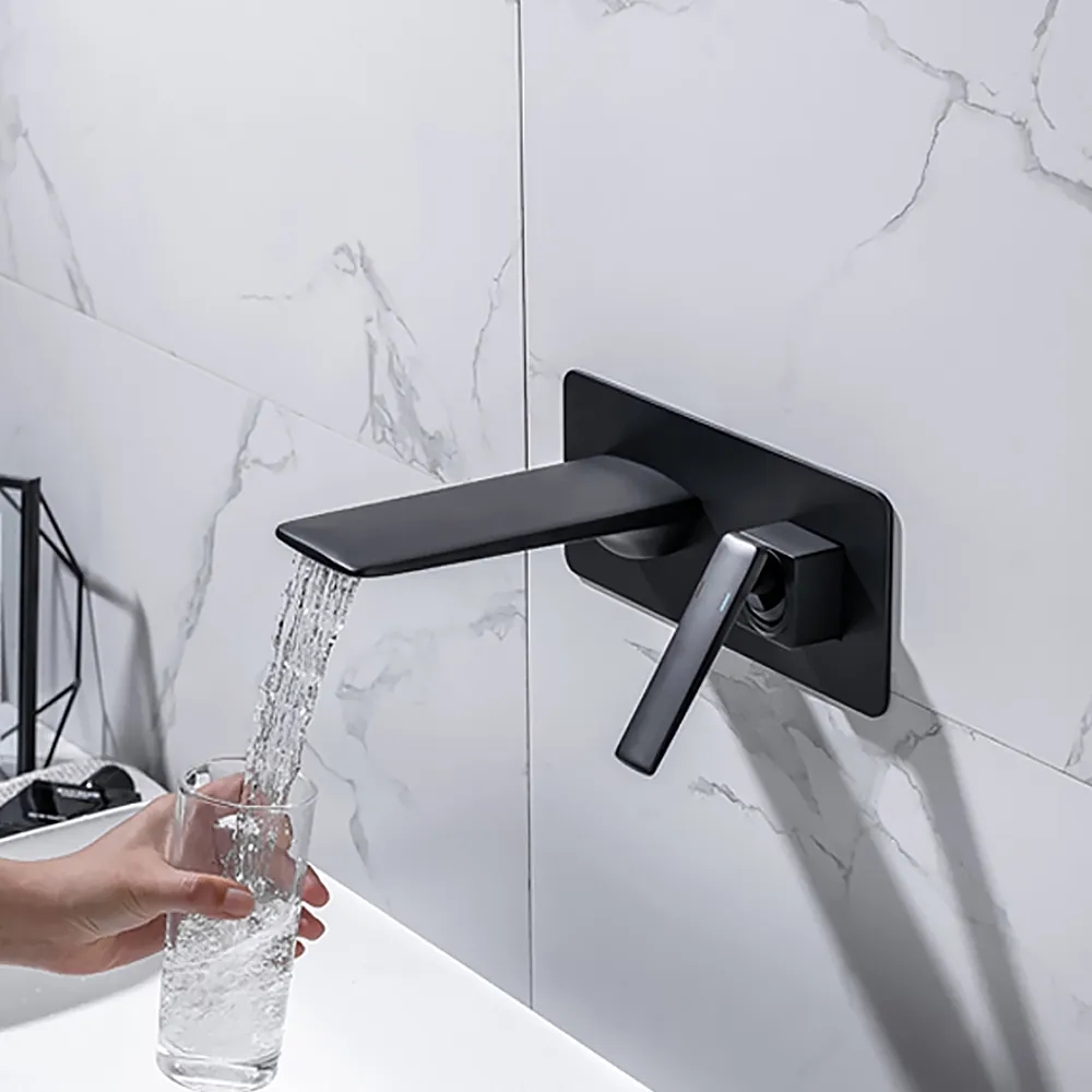 Contemporary Black Single Handle Wall Mounted Solid Brass Bathroom Sink Faucet window image