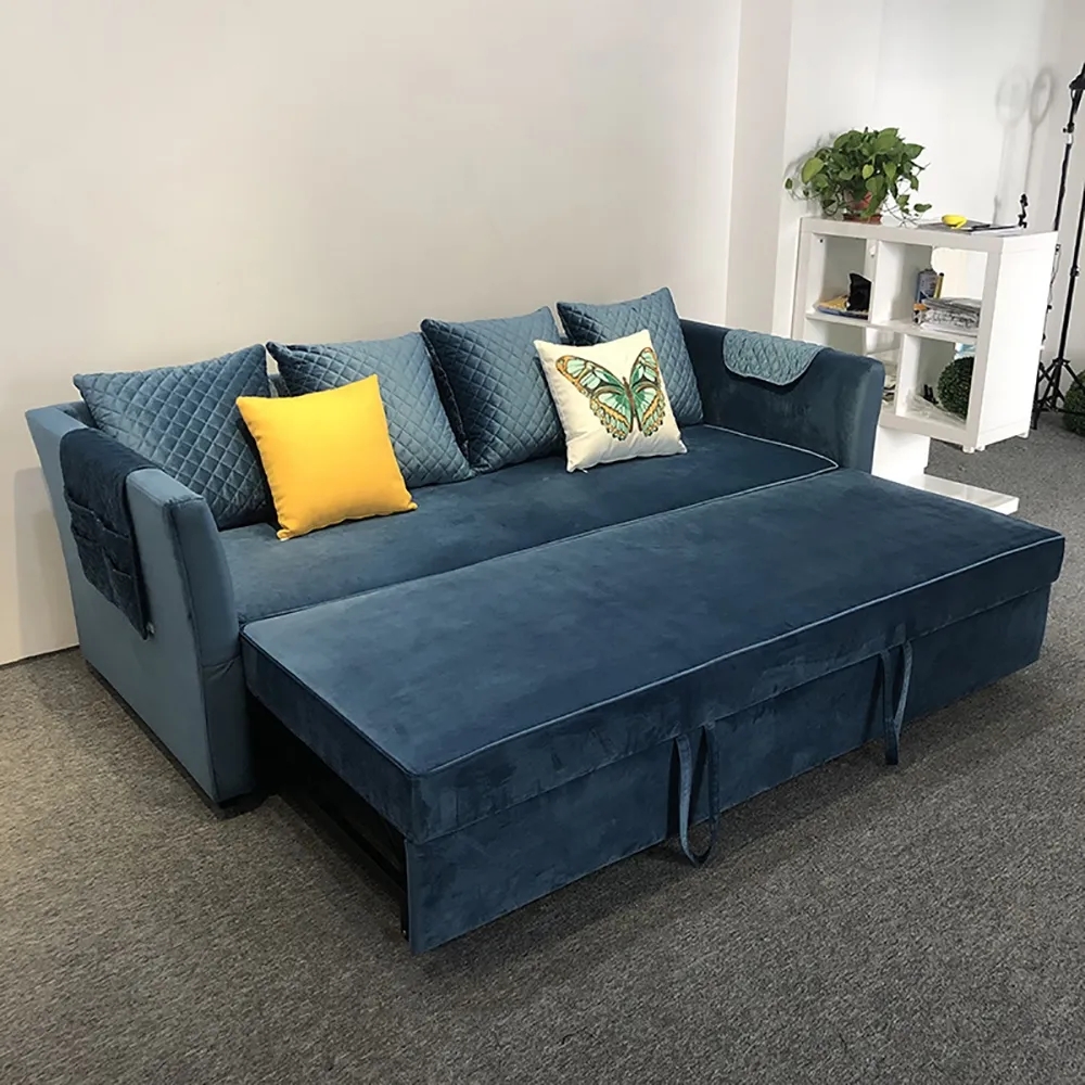 Blue 85" Full Sleeper Sofa Velvet Upholstered Convertible Sofa window image