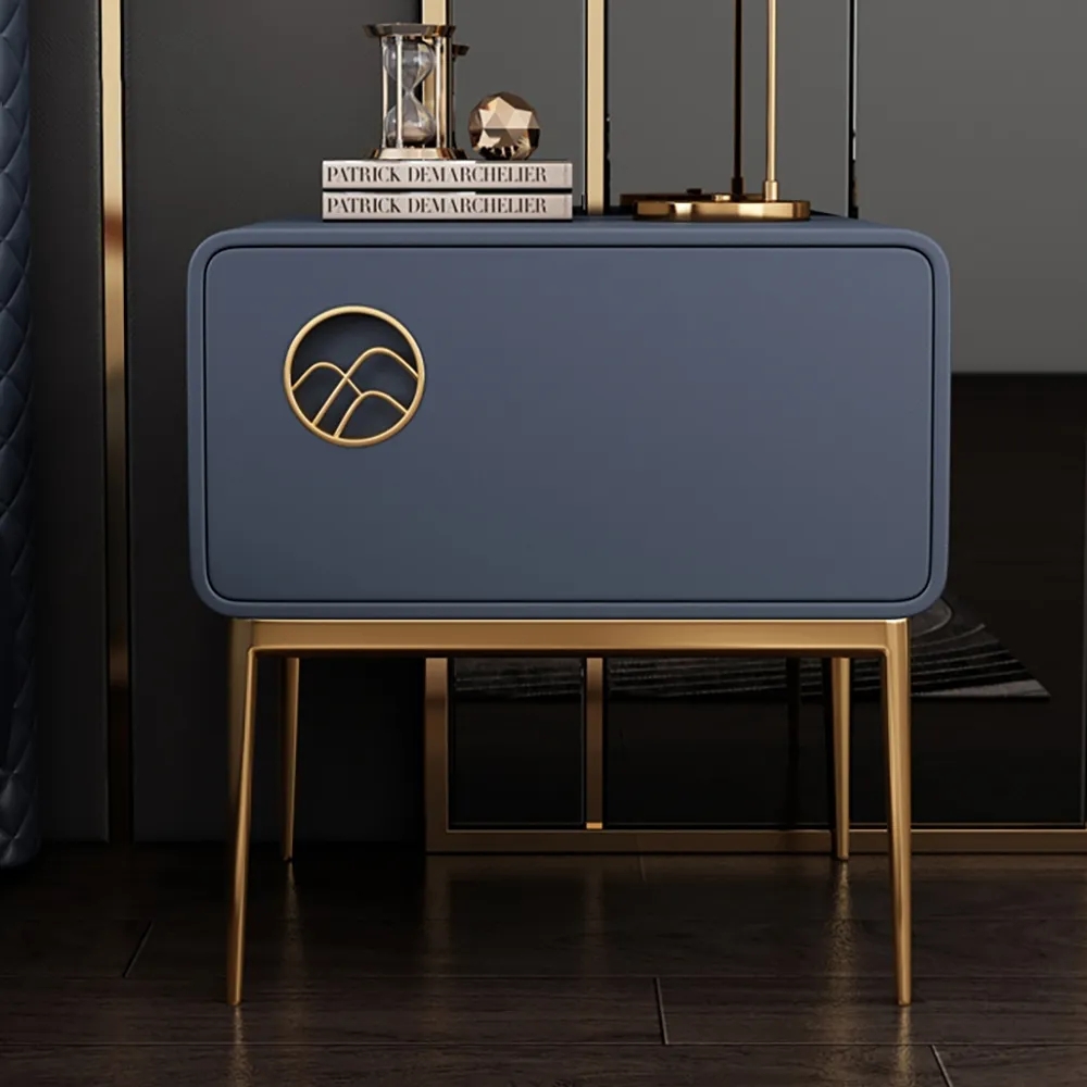 Modern Blue Nightstand Luxury 1-Drawer Faux Leather Bedside Table Gold Finish window image