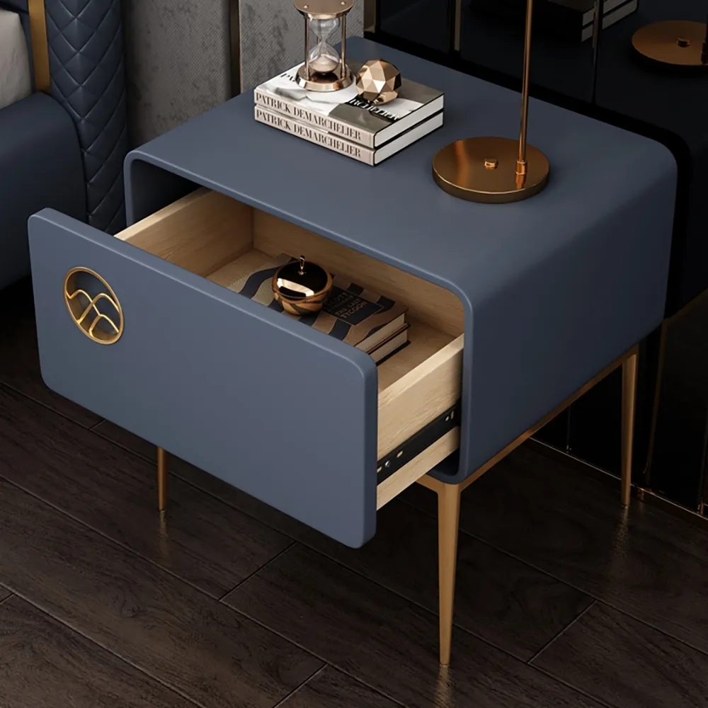 Modern Blue Nightstand Luxury 1-Drawer Faux Leather Bedside Table Gold Finish window image