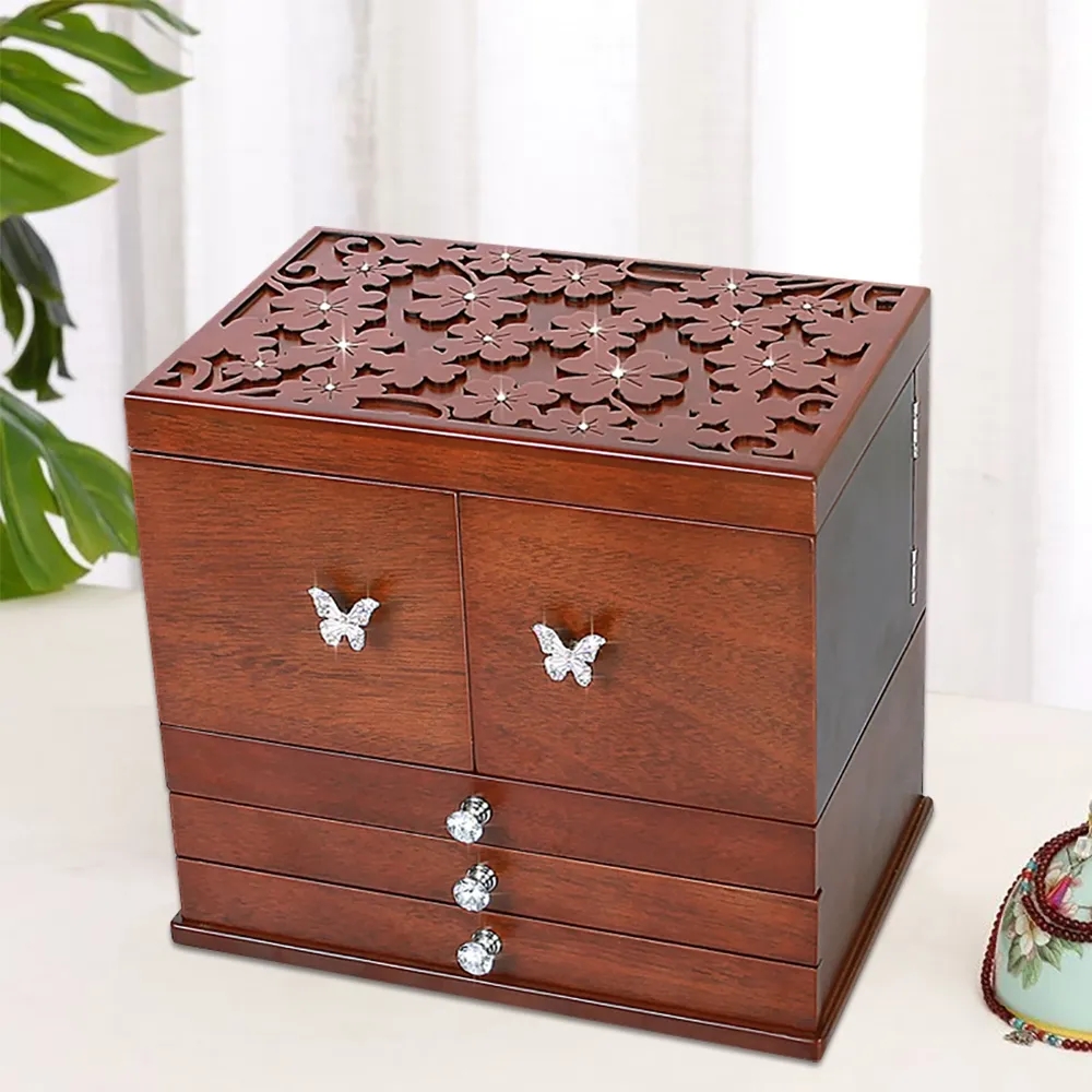Multifunctional Jewelry Box Necklace Storage Ring Holder with Mirror-Walnut window image