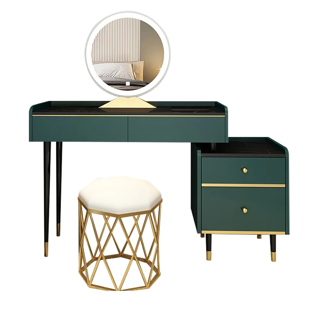 Modern Green Makeup Vanity Set with 4 Drawers Mirror & Stool & Cabinet Included window image