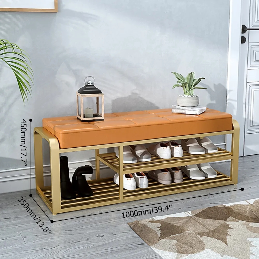 Tufted Bench Upholstered Leather Modern Bench 2-Tier Shoes Storage Bench window image