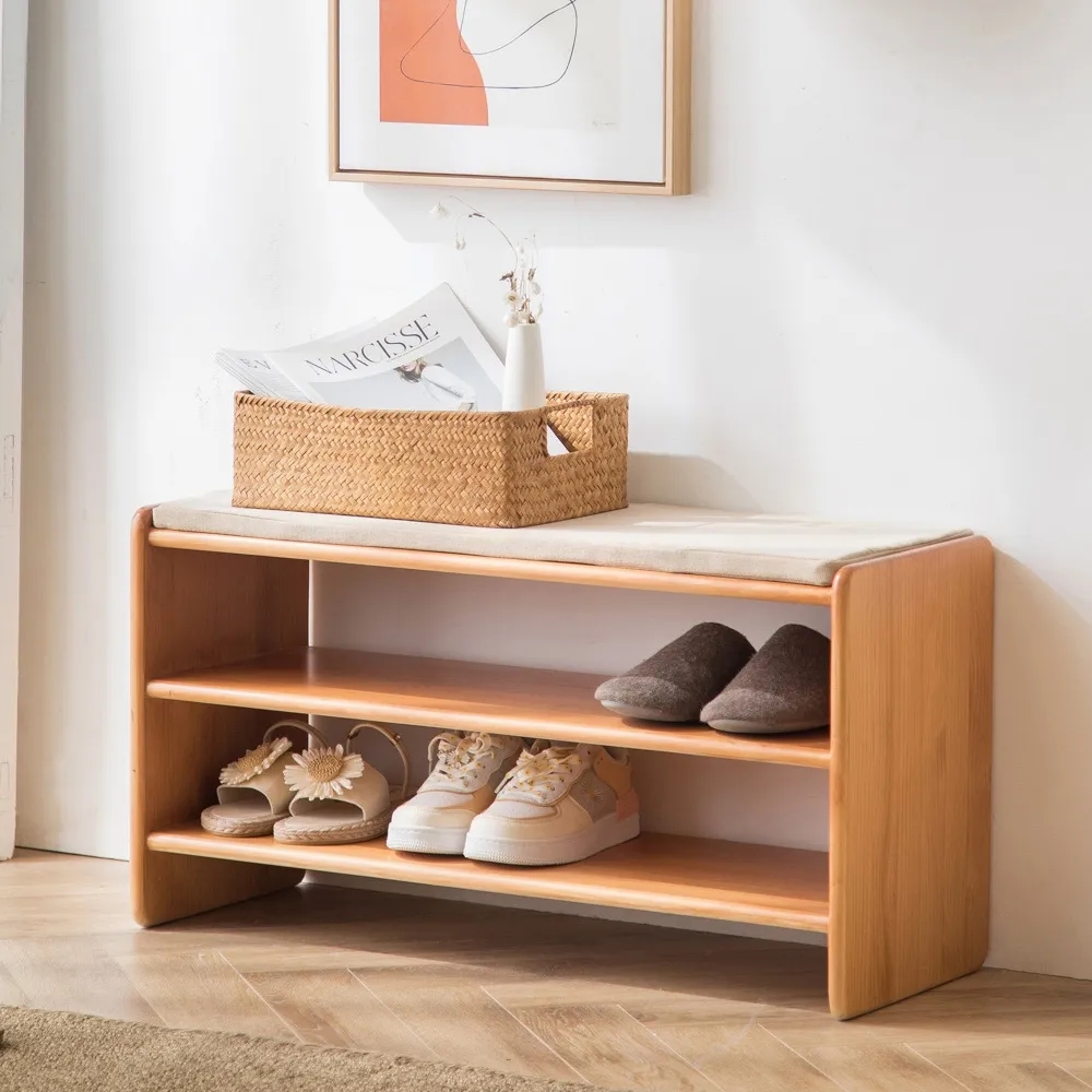 Nordic Bench Upholstered Cotton & Linen 2-Tier Solid Wood Shoes Storage Bench window image