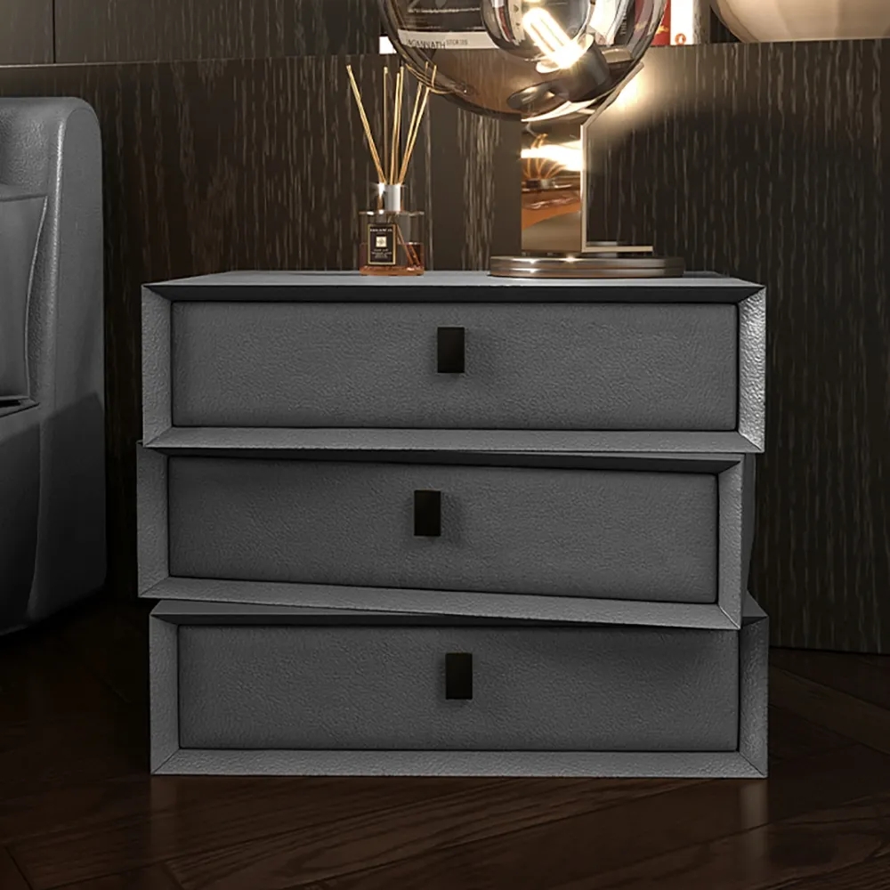 Gray Nightstand 3-Drawer Microfiber Leather Upholstery Uneven Bedside Chest window image