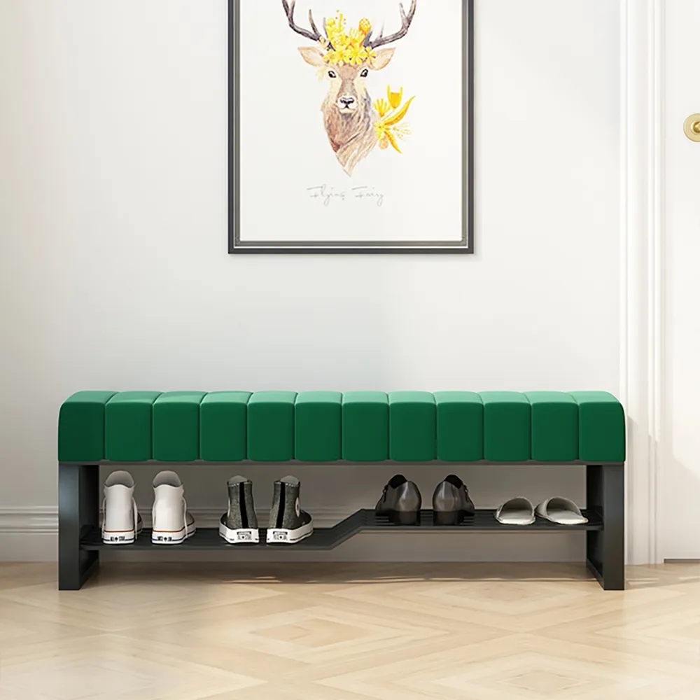 Green Modern Bench Velvet Upholstered Bench for Shoe Storage window image