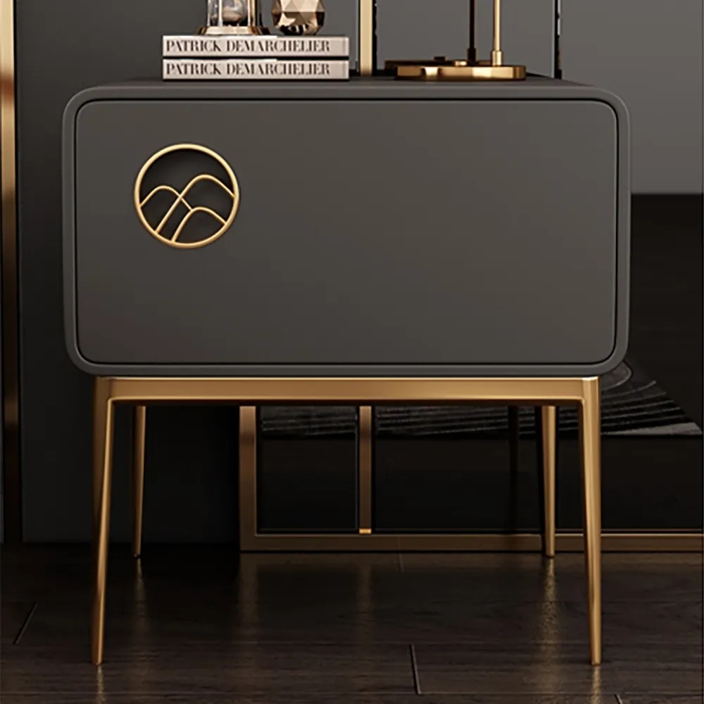 Modern Gray Nightstand Luxury 1-Drawer Faux Leather Bedside Table Gold Finish window image