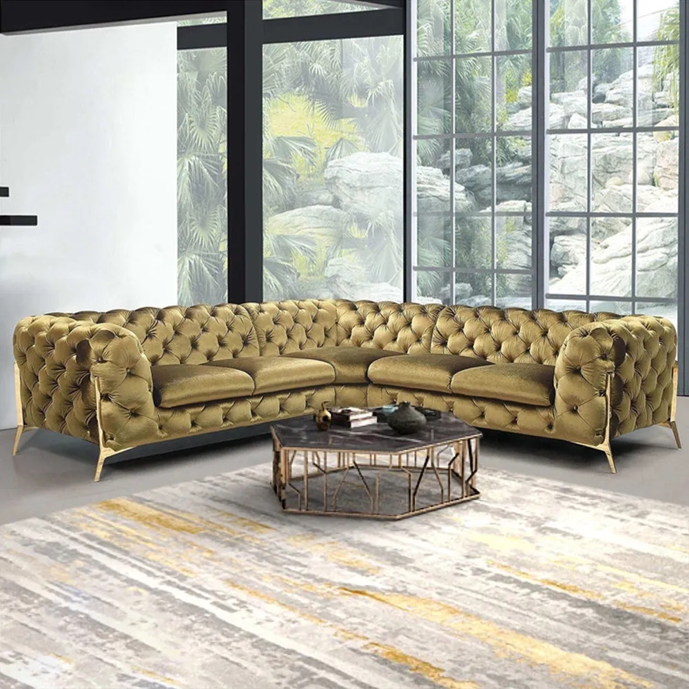 Canapé moderne en velours rembourré Canapé Chesterfield avec pieds en métal jaune image de fenêtre
