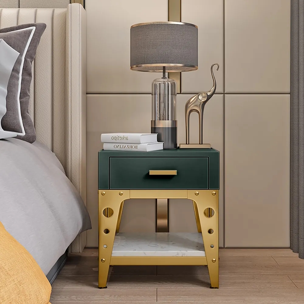 Modern Green Nightstand Faux Marble Bedside Table with Drawer & Shelf in Gold window image