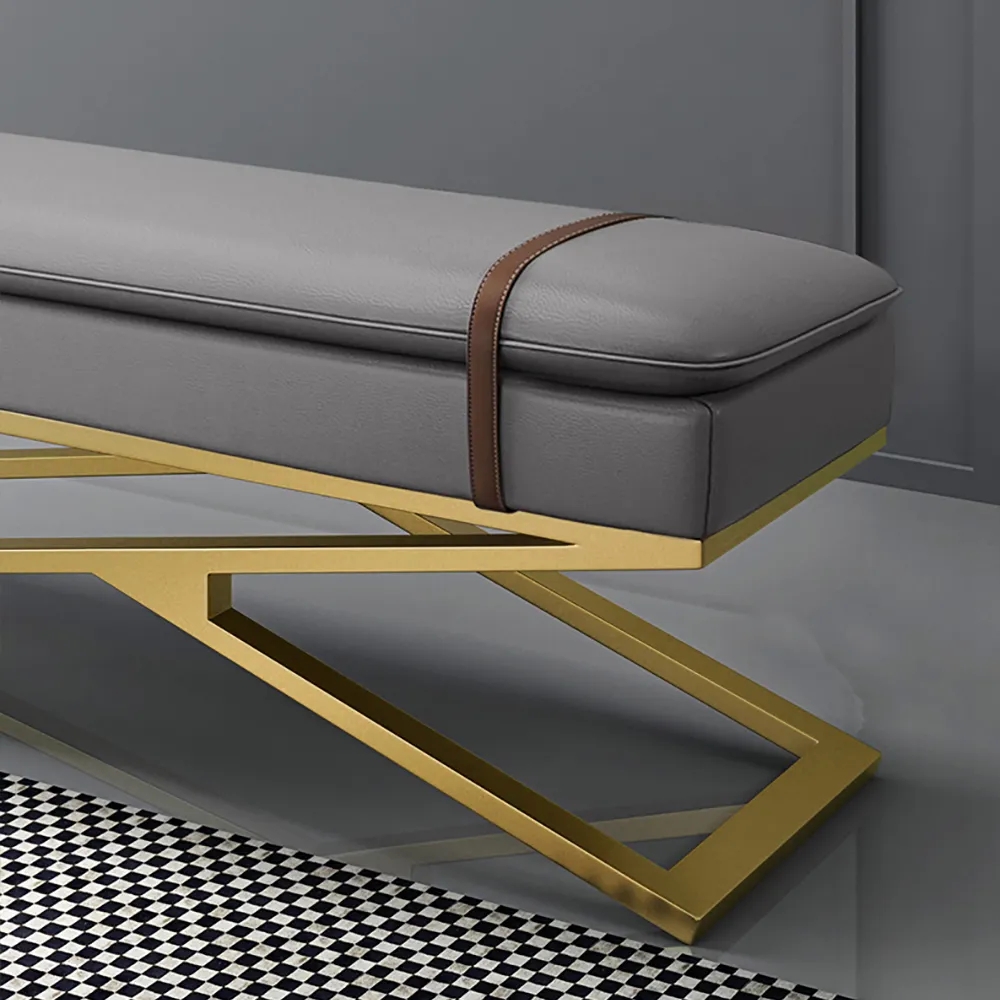 Modern Bedroom Bench Leather Upholstered Ottoman with Gold Metal Frame window image