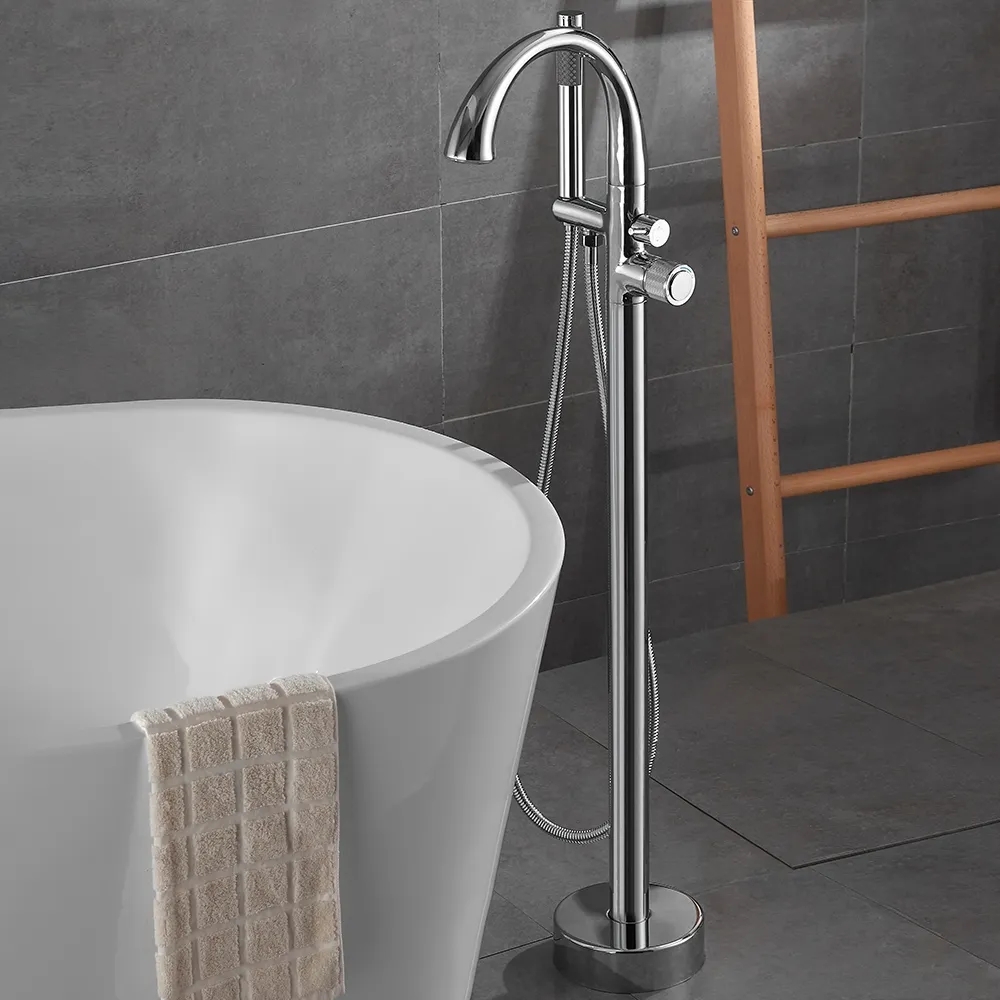 LED Freestanding Bath Tap with Handheld Shower High-Arc Filler Spout Solid Brass window image