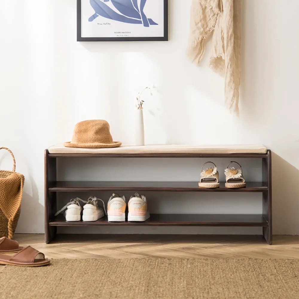 Nordic Bench Upholstered Cotton & Linen 2-Tier Solid Wood Shoes Storage Bench window image