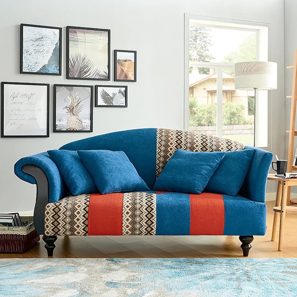 68.1" Deep Blue Rolled Arm Sofa 3-Seater Cotton & Linen Upholstery French Country Couch window image