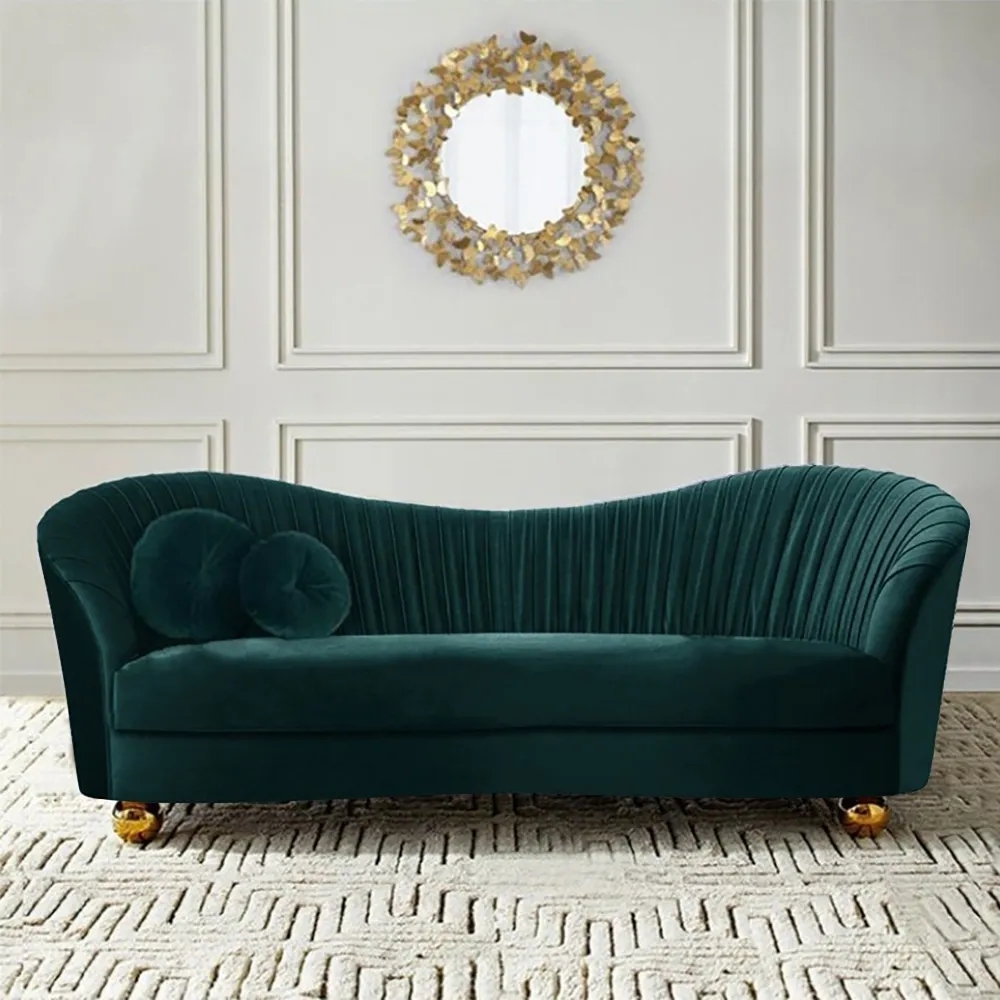 Green 78.7" Cruved Backrest Sofa Velvet Upholstered Sofa in Stainless Steel Gold Legs Sofa window image