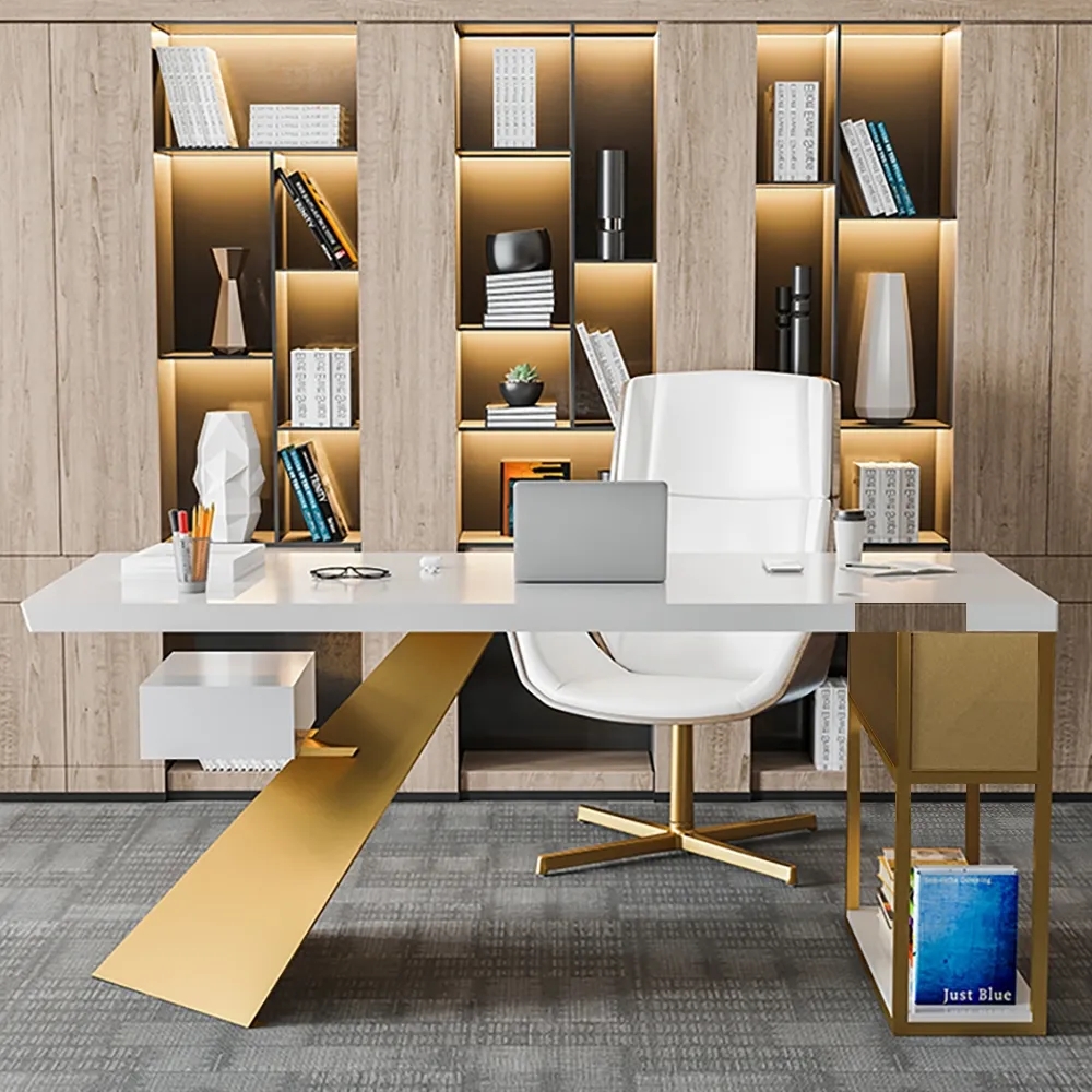 Cabstract 55" White Computer Desk Modern Writing Desk with 2 Drawers & Storage in Gold window image