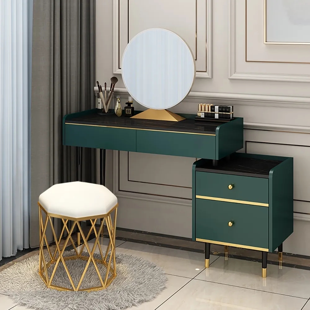 Modern Green Makeup Vanity Set with 4 Drawers Mirror & Stool & Cabinet Included window image