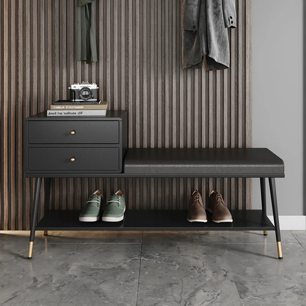 Linen Upholstered Bench Entryway Bench with 2 Drawers Storage Bench window image