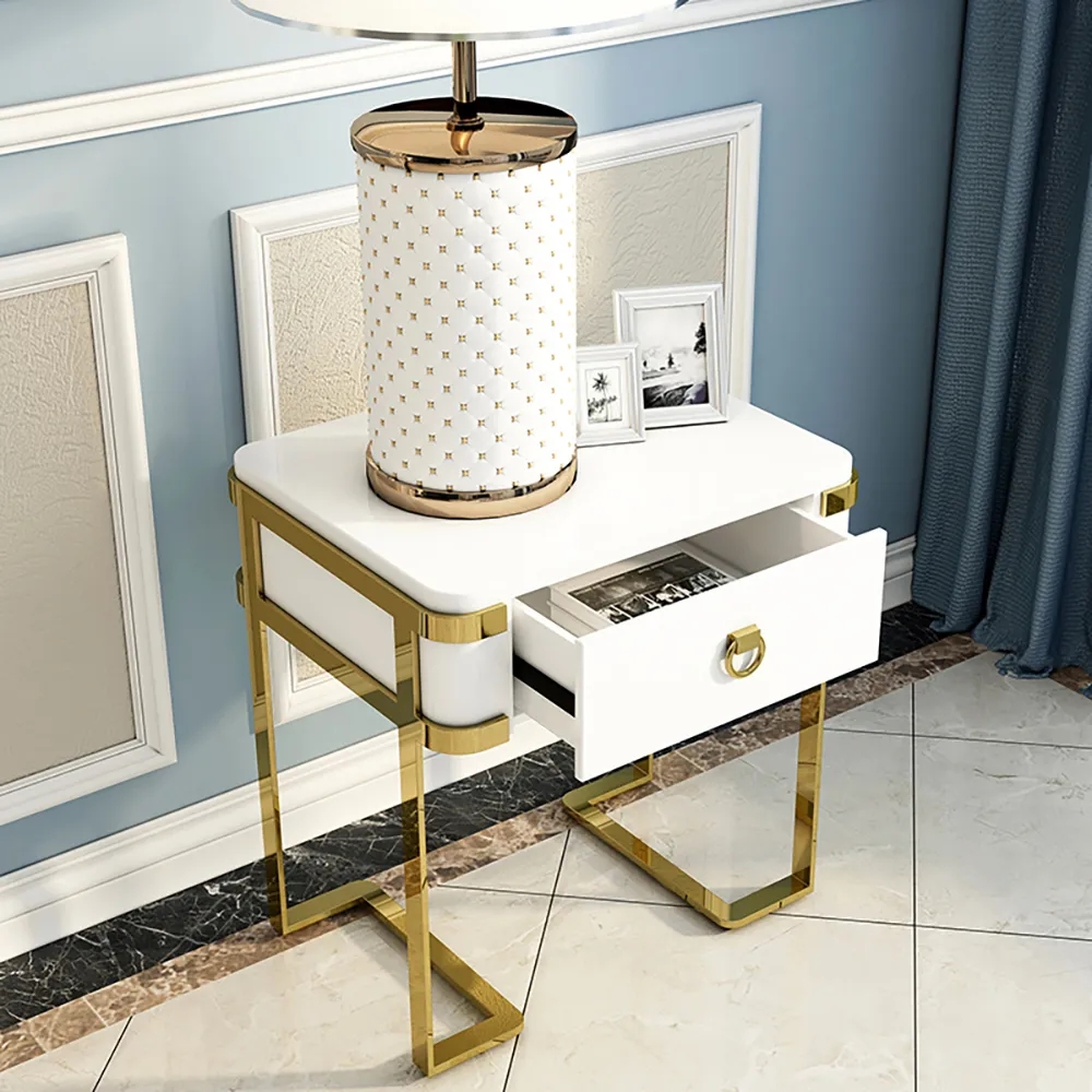 White Nightstand Lacquered Bedroom Table 1 Drawer Stainless Steel window image