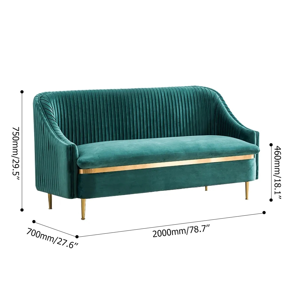 Canapé de luxe rétro bleu 2000 mm Canapé rembourré en velours Canapé 3 places en finition dorée image de fenêtre