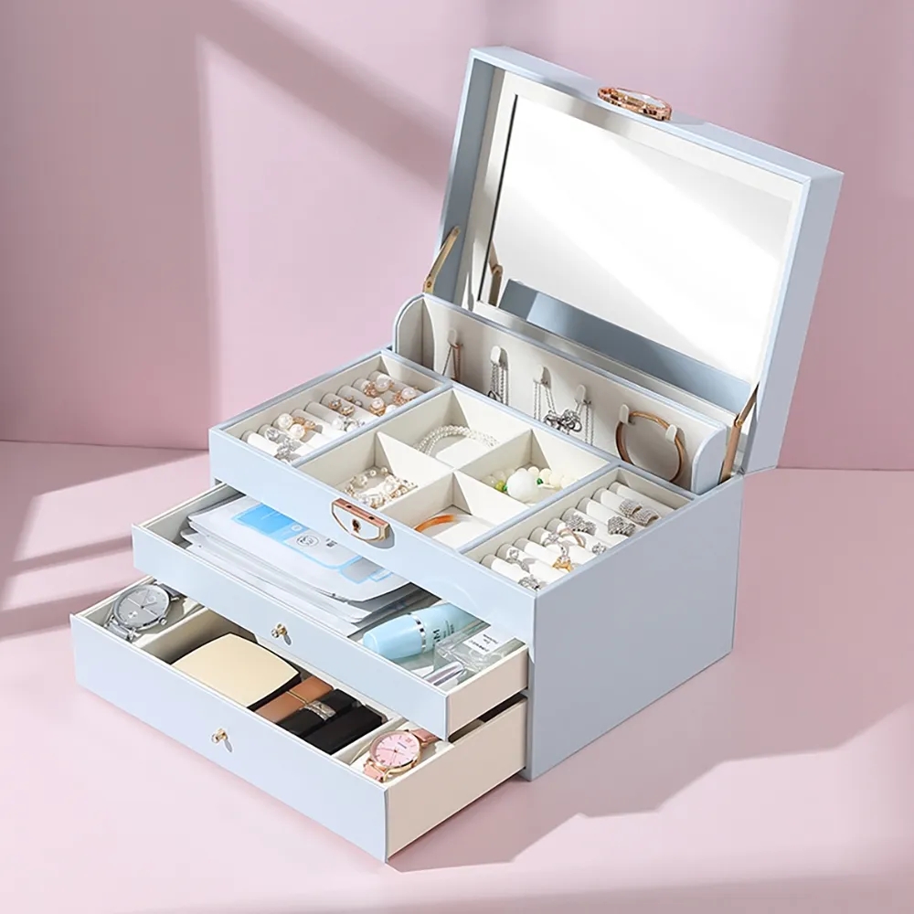 Modern Jewelry Box Desk Organiser with Drawers&Mirror window image