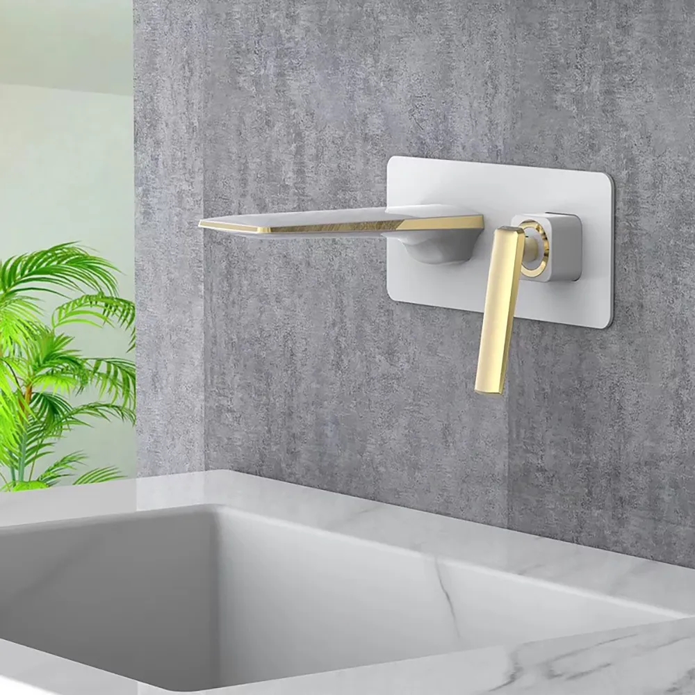 Contemporary White and Gold Single Handle Wall Mounted Solid Brass Bathroom Sink Faucet window image