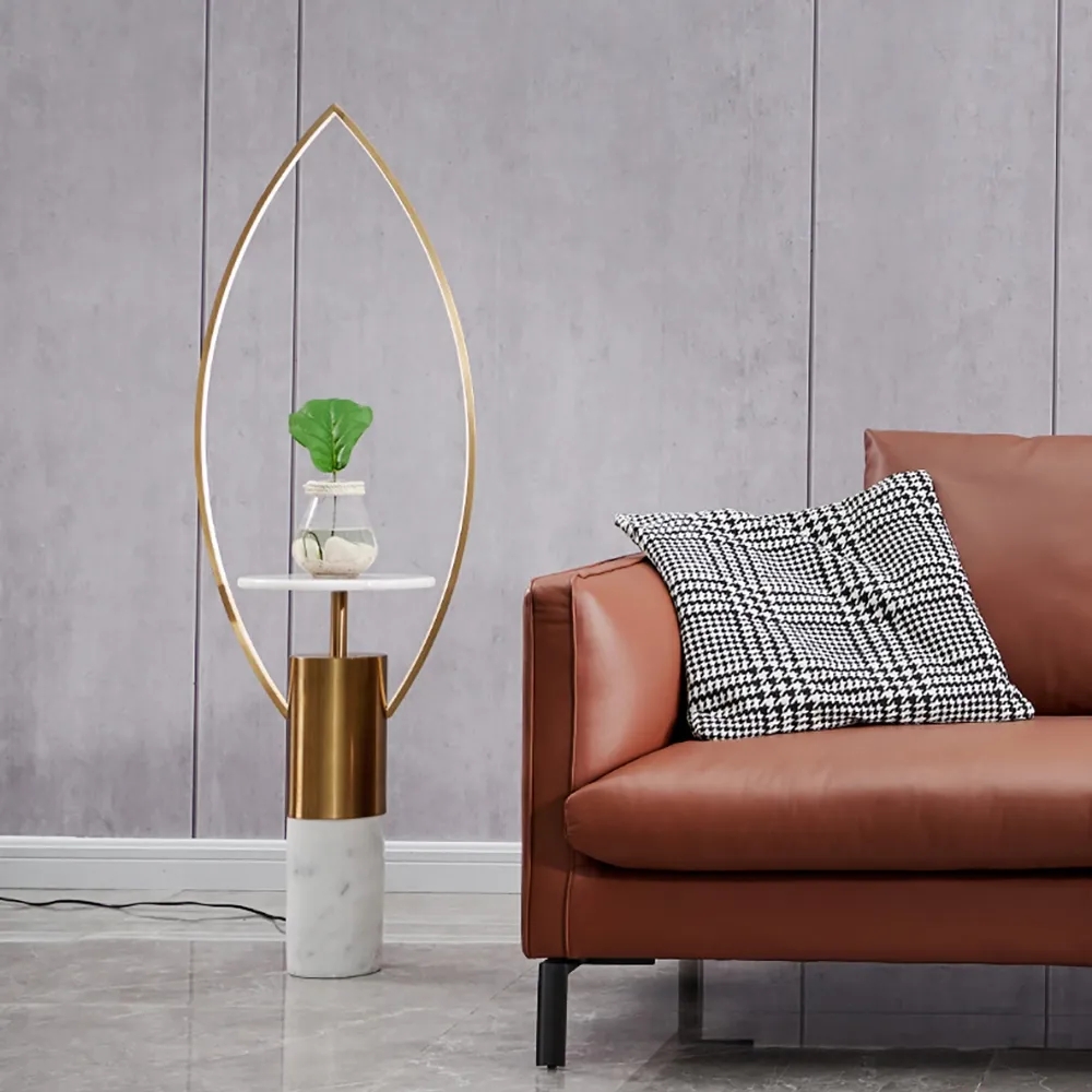 Modern Gold Floor Lamp with Shelves Table LED and Marble Base Candle Shape window image