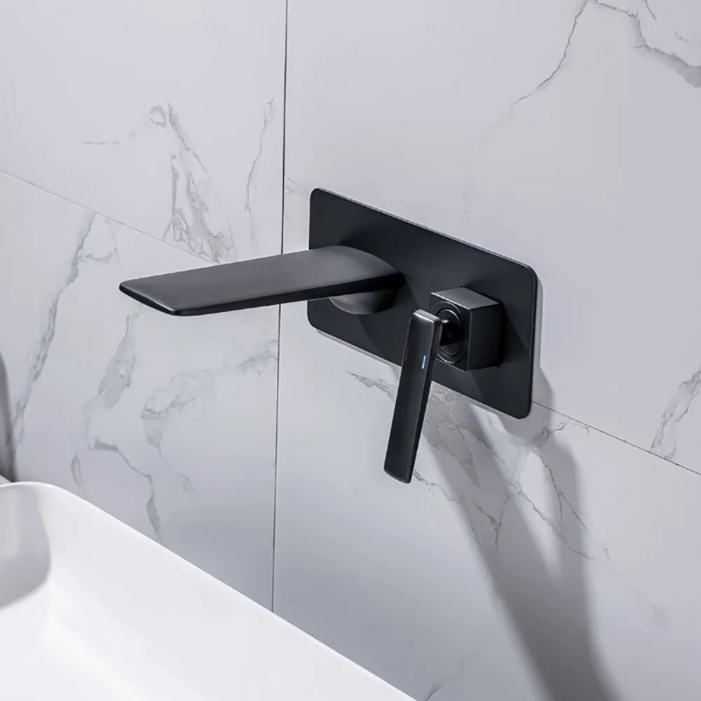 Contemporary Black Single Handle Wall Mounted Solid Brass Bathroom Sink Faucet window image