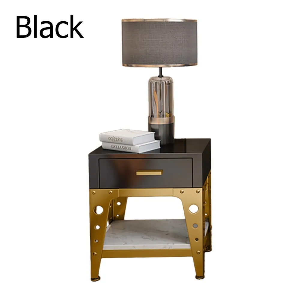Modern Black Nightstand Faux Marble Bedside Table with Drawer & Shelf in Gold window image