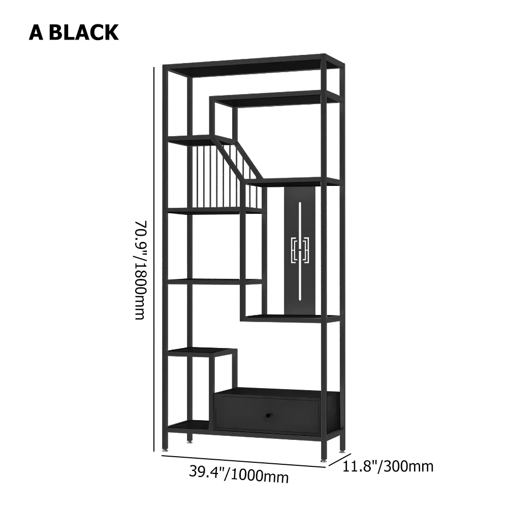 1800mm Modern Black Etagere Bookshelf with Drawer window image
