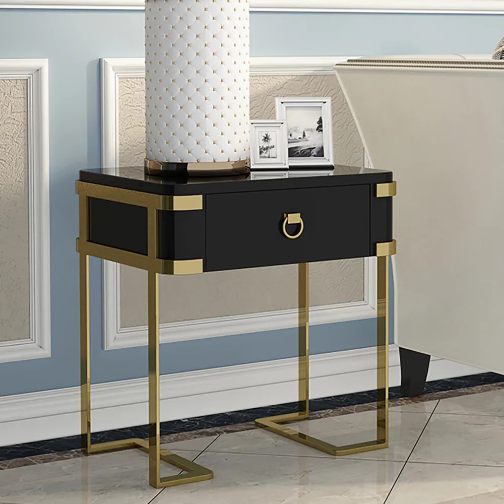 Table de chevet laquée noire 1 tiroir en acier inoxydable image de fenêtre