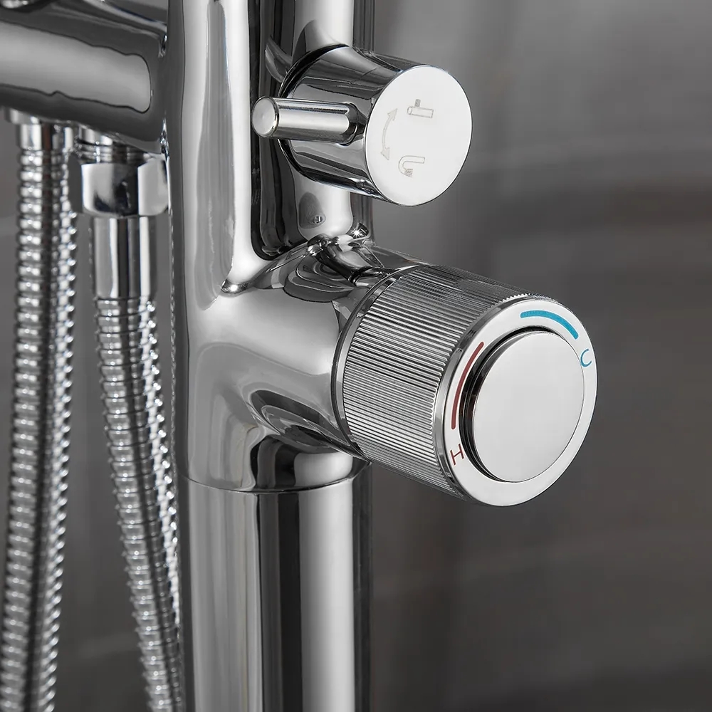 LED Freestanding Bath Tap with Handheld Shower High-Arc Filler Spout Solid Brass window image