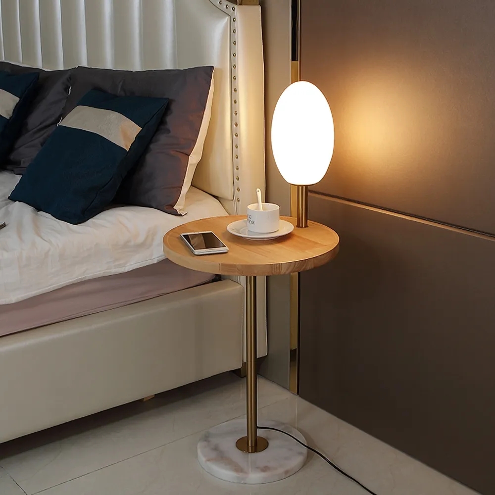 LED Natural Wood End Table Floor Lamp Glass Shade Wireless Charger Marble Base window image