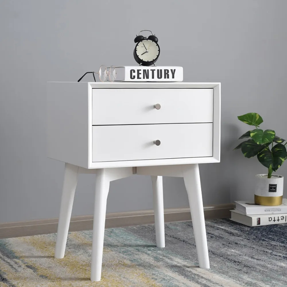 Table de chevet à 2 tiroirs pour chambre blanche avec pieds coniques image de fenêtre