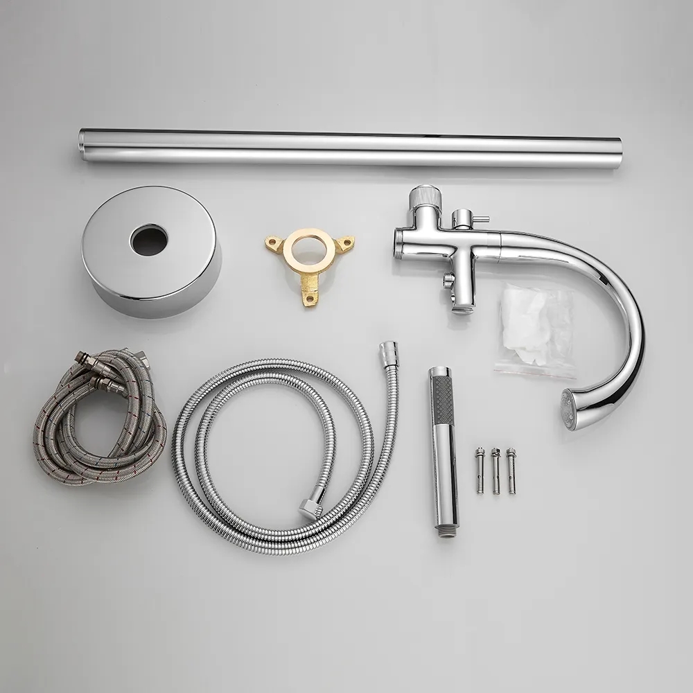 LED Freestanding Bath Tap with Handheld Shower High-Arc Filler Spout Solid Brass window image